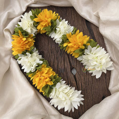 Vriksham Artificial Mixed Dark Yellow & White Gajra Veni for Hair Accessories-HF-H1073