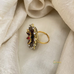 Red Kundan Pendant Ring-Flower-H753