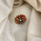 Red, Blue Kundan Pendant Ring-Flower-H742