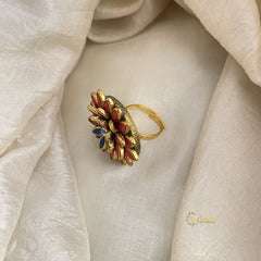 Red, Blue Kundan Pendant Ring-Flower-H742