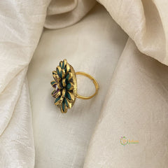 Green Purple Kundan Pendant Ring-Flower-H745