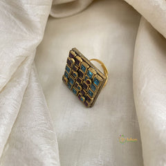 Pink Blue Square Kundan Pendant Ring-Diamond-H765