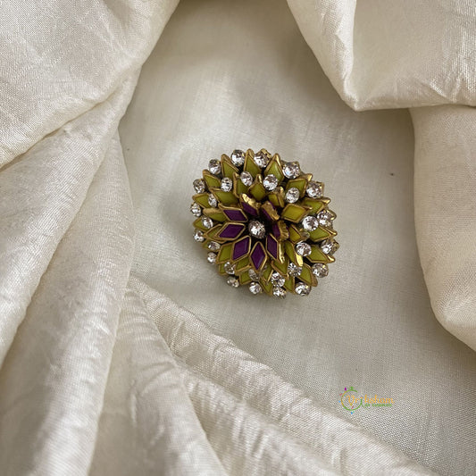 Matt Yellow & Purple Kundan Pendant Ring-Flower-H748