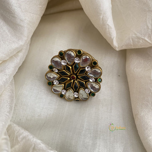 White Green Kundan Pendant Ring-Flower-H750