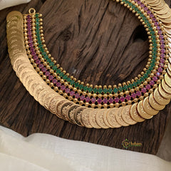 Traditional Kerala Lakshmi Coin Neckpiece- Red Green AD Stone-G11355