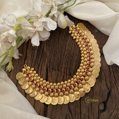 Layered Traditional Kerala Lakshmi Coin Neckpiece- Red AD Stone-G11357