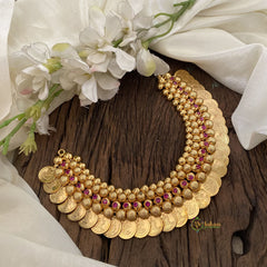 Layered Traditional Kerala Lakshmi Coin Neckpiece- Red AD Stone-G11357