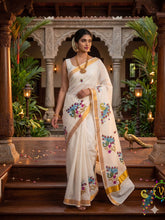 Kerala Kasavu Peacock and Floral Thread Embroidery Off-White and Gold Border Kerala Saree-Vriksham-VS5127