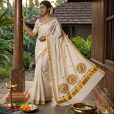 Kerala Kasavu Off-White Traditional Peacock Gold Zari Embroidery Kerala Saree-Vriksham-VS5128