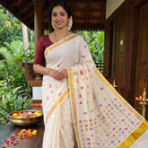 Kerala Kasavu Off-White & Gold Malayalam Alphabet Letter Embroidery Kerala Saree-Vriksham-VS5131