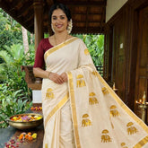 Kerala Kasavu Traditional Elephant Zari Embroidery Off-White & Gold Kerala Saree-Vriksham-VS5134