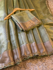 Vriksham Pista Green Katan Tanchoi  Silk With lace Saree-VS4480