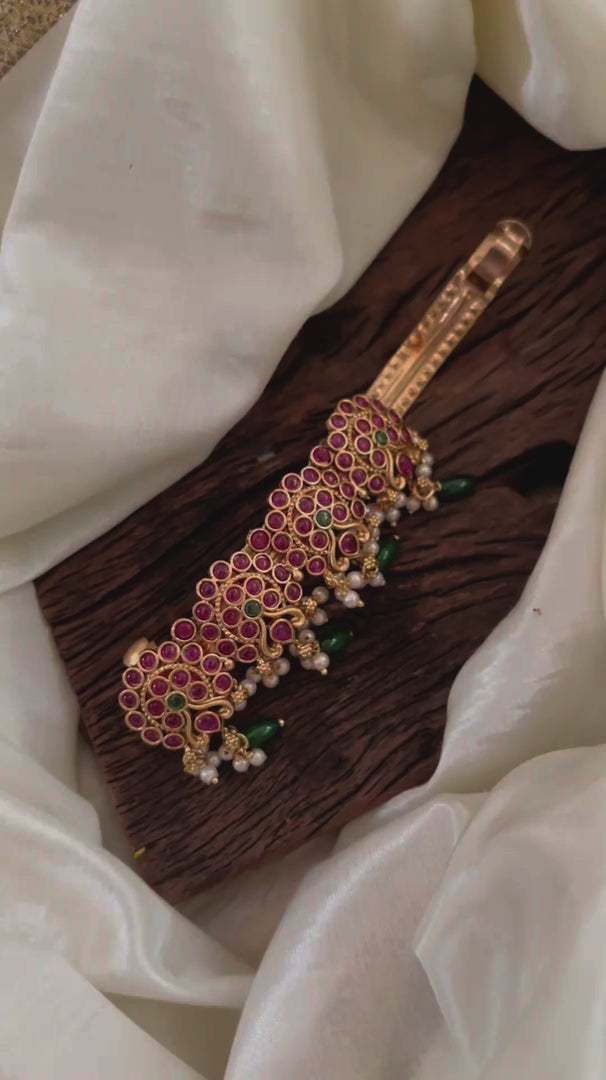 Premium Gold Look Alike Hair clip - Green Bead -G11290