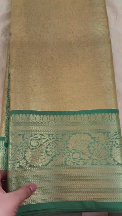Beige Gold with Green Border Semi Benarasi Saree -Tanchoi Collection-VS3658