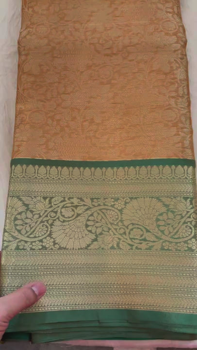 Beige Gold with Green Border Semi Benarasi Saree -Tanchoi Collection-VS3657