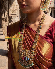 Vriksham Antique Gold Perumal Kalynam Long Neckpiece-Green Bead & Pearls-G21537