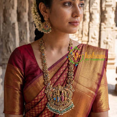 Vriksham Antique Gold Perumal Kalynam Long Neckpiece-Green Bead & Pearls-G21537