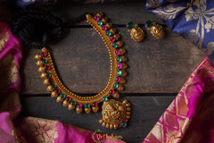 Kolhapuri Neckpiece with Red and Green stones - Green Earrings-G783