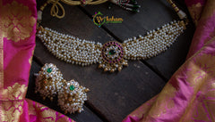 Statement Gold look-alike Pearl high neck choker with big jhumkas-G749