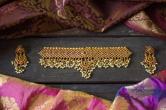 Golden High Neck Choker with Pearl Drops-g796