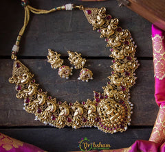 Statement Gold look-alike Lakshmi Choker with cute little jhumkas - Red-G717