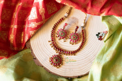 Golden hangings Kemp Traditional Adigai with earrings - Red-Green-G661