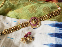 Peacock Pendant High Neck Choker- Red-G350