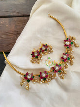 Premium AD Stone Hasli Choker -Lotus-Gold Bead and Pearl -G7284