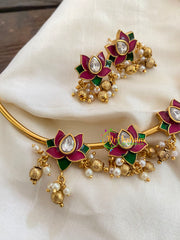 Premium AD Stone Hasli Choker -Lotus-Gold Bead and Pearl -G7284