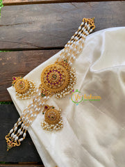 Gold look alike Pearl High Neck Choker-Round Red Green-G7293