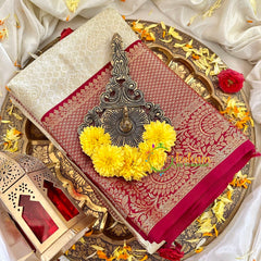 Half White with Red Kanchi Silk Saree-VS1755