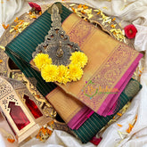 Bottle Green with Violet Pink Kanchi Pure Silk Saree-VS1741
