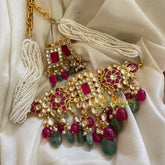 Precious Kundan Jadau Pearl Neckpiece-Green and Pink Beads-J324