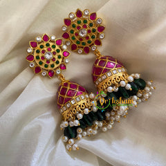 Precious Jadau Kundan and Kemp Jhumkas-Pink Green -J325