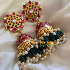 Precious Jadau Kundan and Kemp Jhumkas-Pink Green -J325