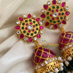 Precious Jadau Kundan and Kemp Jhumkas-Pink Green -J325