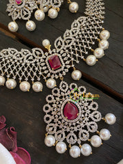 Gold American Diamond Bridal Neckpiece-Red-G3432