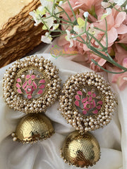 Pearl Chakra Jumbo Stud Jhumkas -Red Stud-G2508
