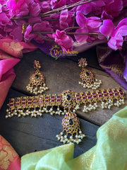 Premium High Neck Choker - Ruby and green stone -G131