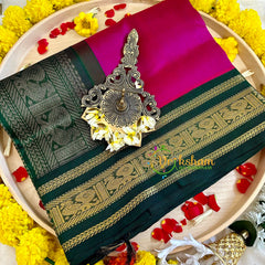 Hot Pink with Dark Green Silk Cotton Saree -Handloom -VS3202