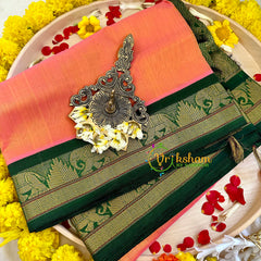 Orangish Peach with Green Silk Cotton Saree -Handloom -VS3201