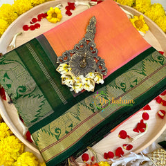 Orangish Peach with Green Silk Cotton Saree -Handloom -VS3201