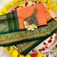 Orangish Peach with Green Silk Cotton Saree -Handloom -VS3201
