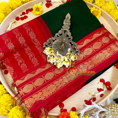 Dark Green with Red Silk Cotton Saree -Handloom -VS3204