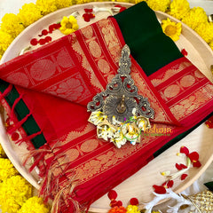 Dark Green with Red Silk Cotton Saree -Handloom -VS3204