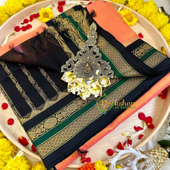 Light Orange with Deep Blue Green Silk Cotton Saree -Handloom -VS3196