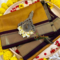 Mustard Yellow with Deep Maroon Border Silk Cotton Saree -Handloom -VS3205