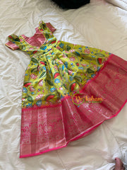Pichwai Indian Traditional Dress for Girls-Lime Yellow with Pink Red -VS905