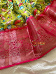 Pichwai Indian Traditional Dress for Girls-Lime Yellow with Pink Red -VS905