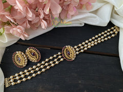 AD Stone Layer Pearl High Neck Choker- Red -G2455